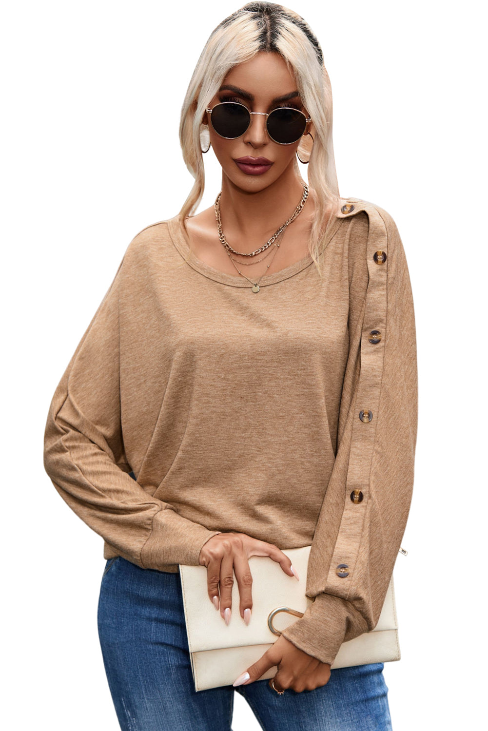 Khaki Solid Color Button Decor Dolman Sleeve Top