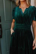 Red Dahlia Velvet Short Sleeve Shirred Waist Tiered Maxi Dress