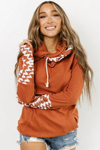 Pink Aztec Print Patchwork Thumb Hole Hoodie