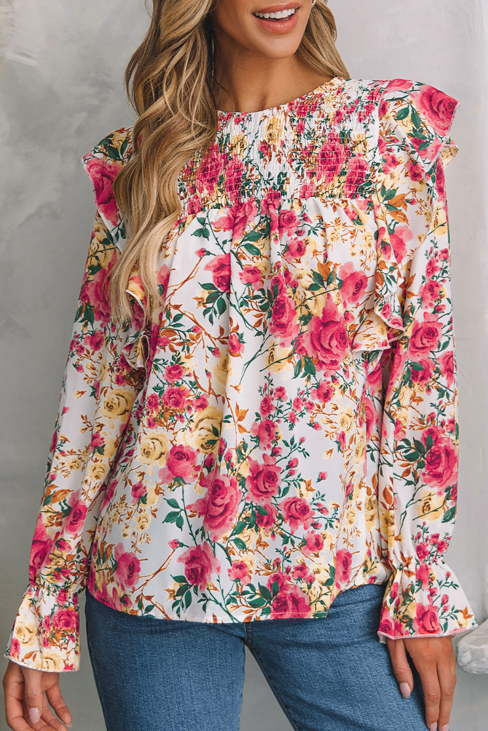 White Floral Printed Ruffle Trim Long Sleeve Blouse
