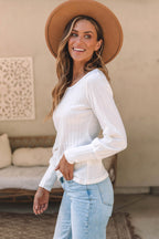 White Ribbed Bishop Sleeve Round Neck Top