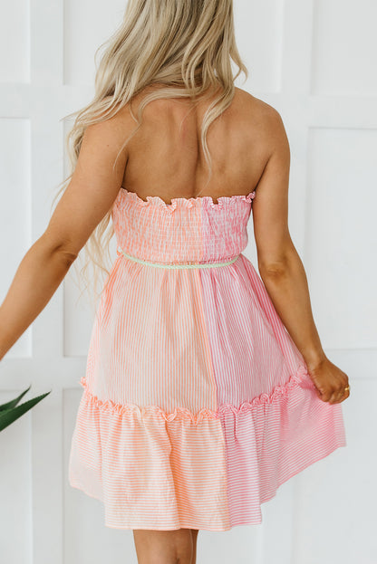 Pink Stripe Color Block Smocked Button Front Frilled Strapless Mini Dress