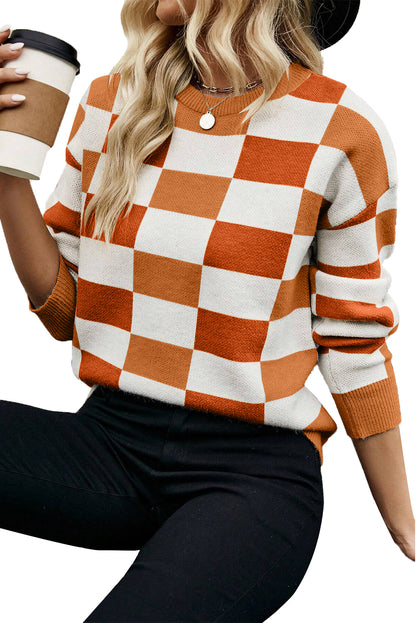 Khaki Checkered Ribbed Edge O Neck Drop Shoulder Sweater