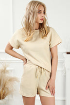 Gray 2pcs Solid Textured Drawstring Shorts Set
