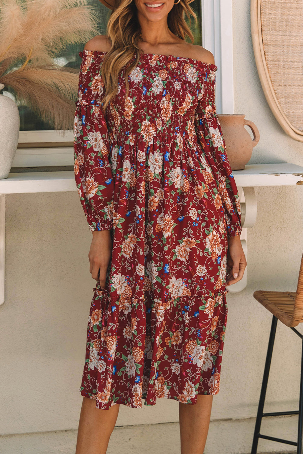 Ruby Frilled Shirred Knotted High Waist Floral Dress