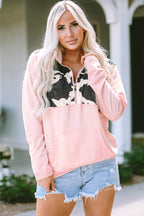 Pink Cow Spots Patchwork Half Zip Drawstring Hoodie