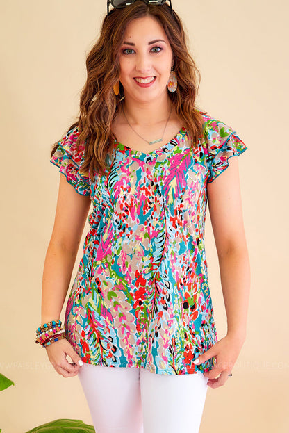 Sky Blue Loose Painted Floral Tee