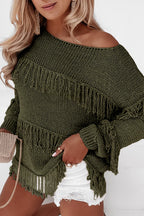 Khaki Boho Tasseled Knitted Sweater