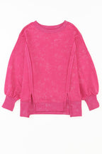 Rose Acid Wash Relaxed Fit Seamed Pullover Sweatshirt with Slits