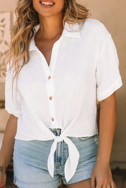 Textured Knotted Button-up Half Sleeve Shirt