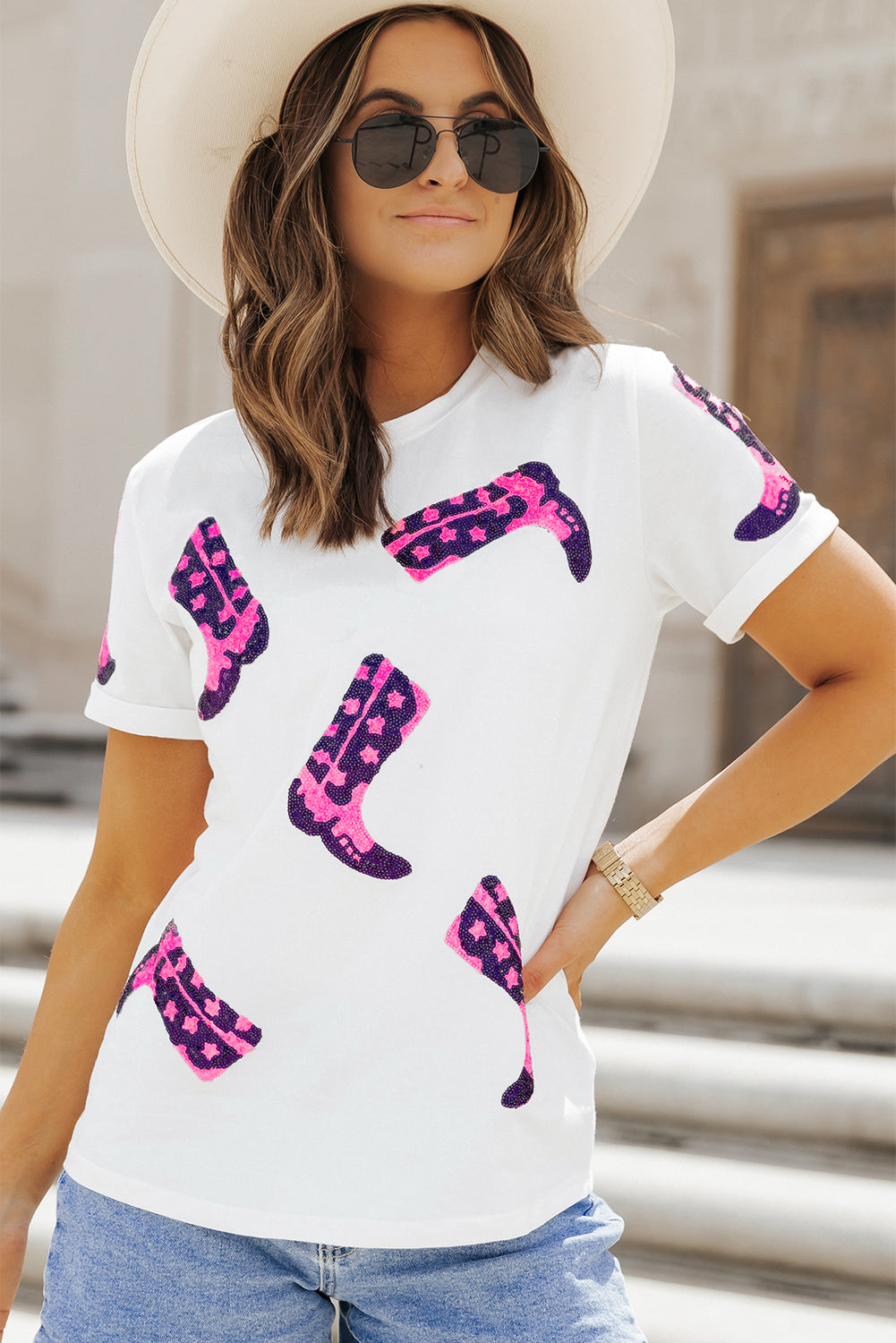 White Sequin Western Boots Round Neck T Shirt