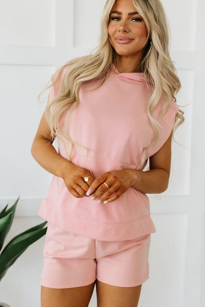 Light Pink Solid Color Sleeveless Hoodie and Shorts Set