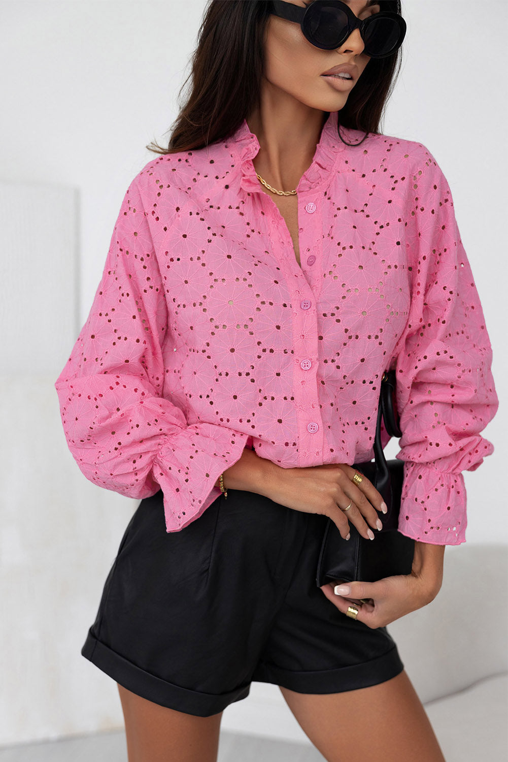 Pink Hollow Out Embroidered Floral Shirt