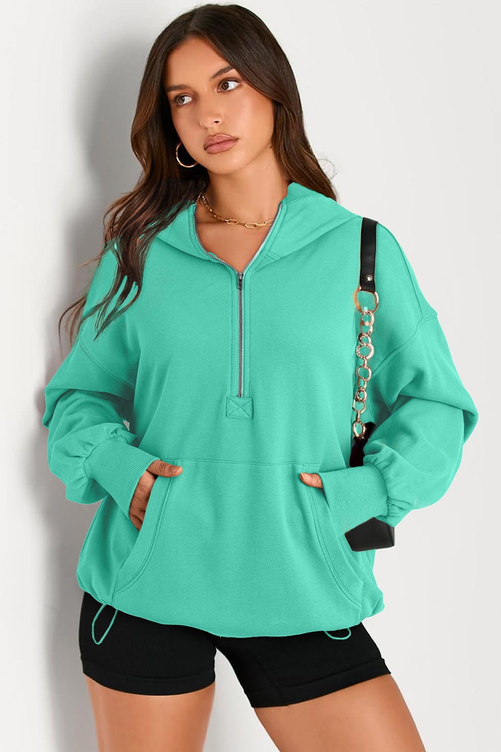 Parchment Solid Kangaroo Pocket Half Zipper Oversized Hoodie