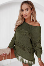 Khaki Boho Tasseled Knitted Sweater