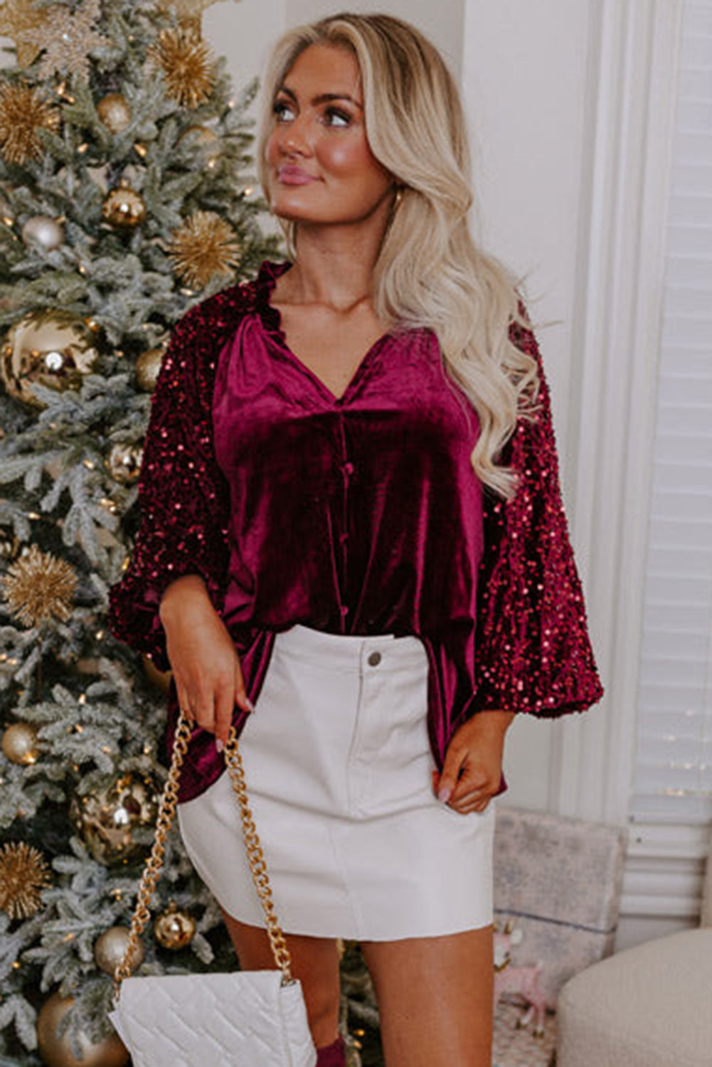 Evergreen Sequin Patchwork Sleeve Button Up Velvet Top