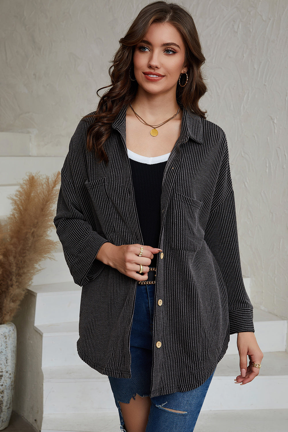Pink Roll Tab Sleeve Ribbed Cording Shacket