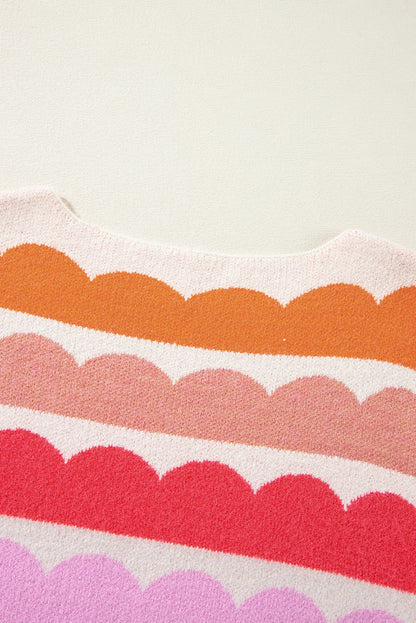 Rose Red Wave Striped Balloon Sleeve Drop Shoulder Sweater