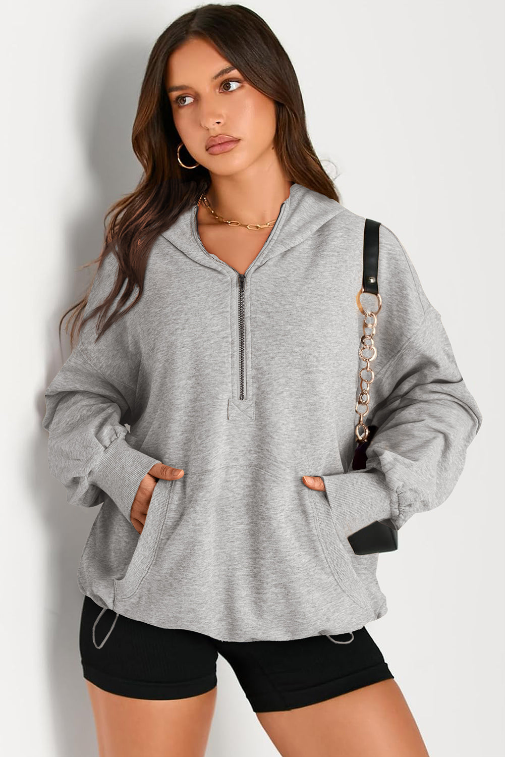 Parchment Solid Kangaroo Pocket Half Zipper Oversized Hoodie