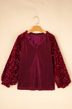 Evergreen Sequin Patchwork Sleeve Button Up Velvet Top