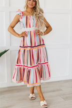 Pink Rainbow Stripe Ruffles Ruched Tiered Dress