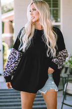 Black Leopard Splicing Sleeve Ruffle Loose Sweatshirt