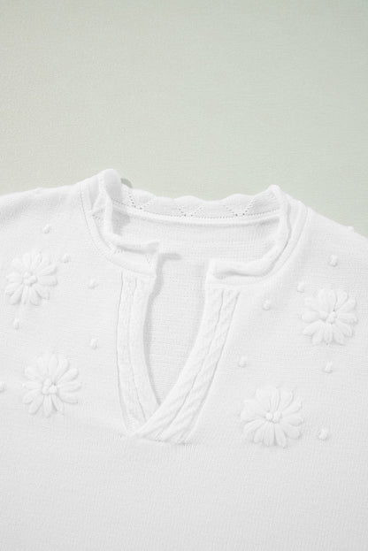 Peach Blossom Flower Detail Knitted Notched Neck Sweater