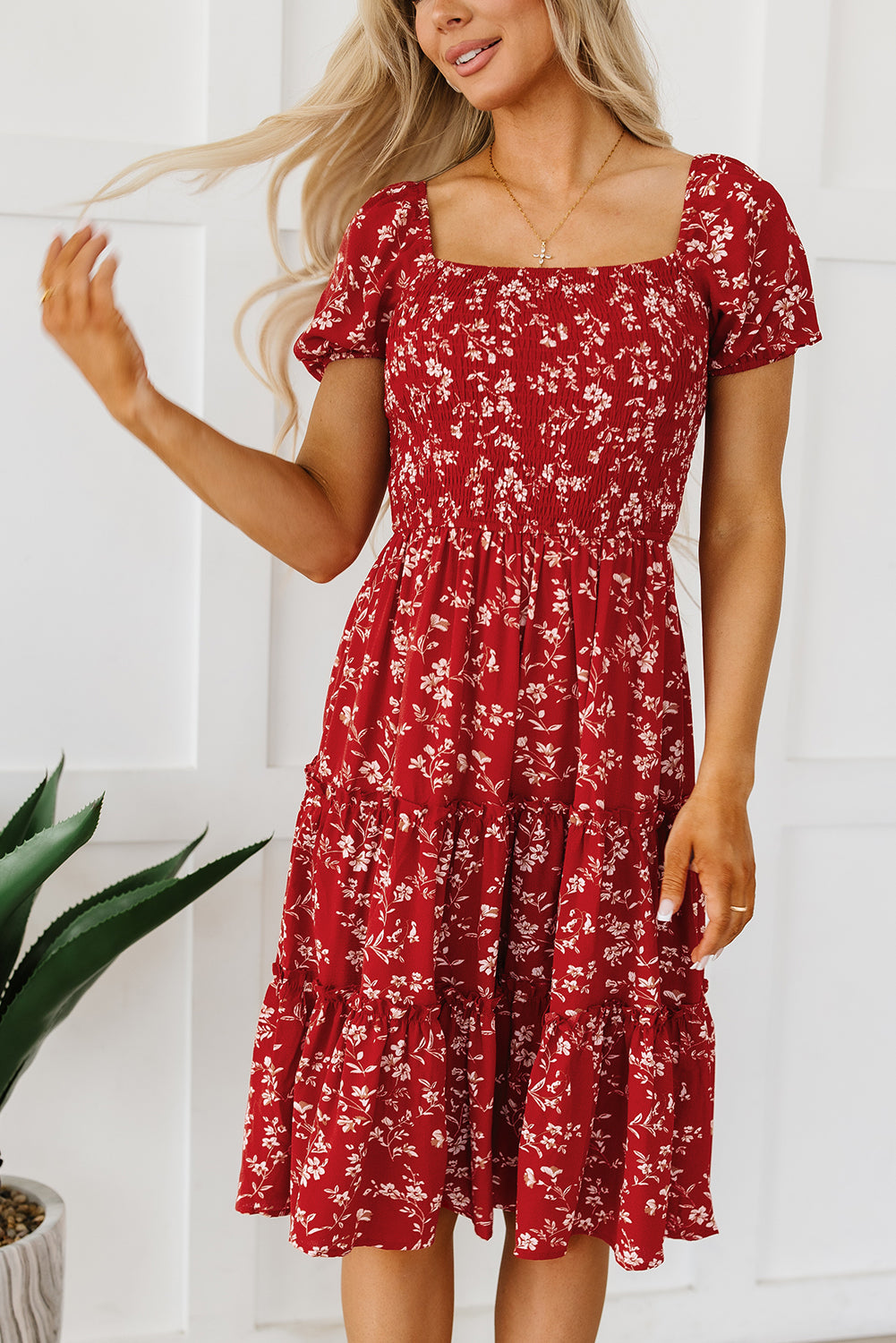 Red Boho Flower Smocked Square Neck Tiered Midi Floral Dress