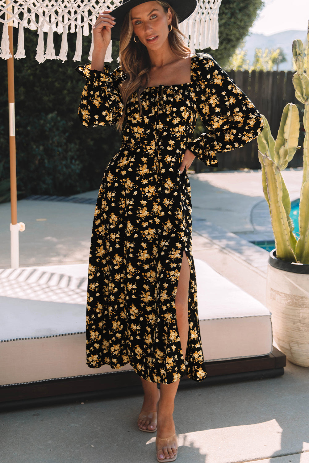 Black Floral Tie Square Neck Puff Sleeve Slit Dress