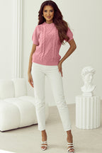 Pink Cable Knit Mixed Textured Short Sleeve Sweater