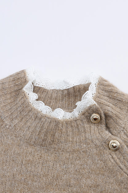 Khaki Striped Print Lace Neck Asymmetric Buttons Sweater Dress