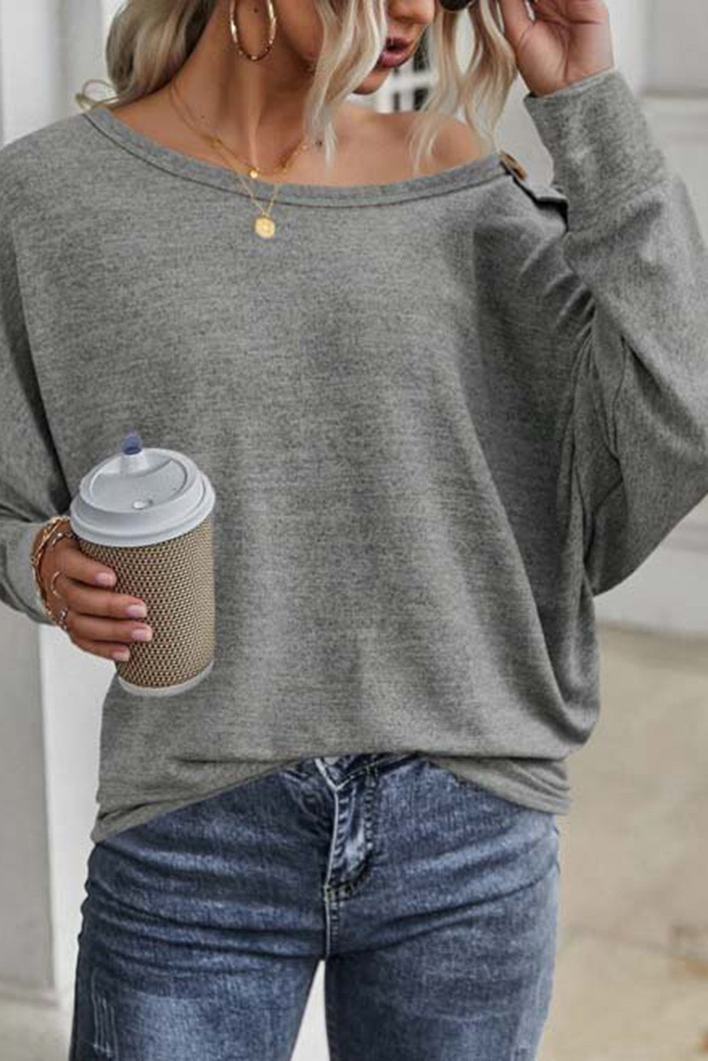 Khaki Solid Color Button Decor Dolman Sleeve Top