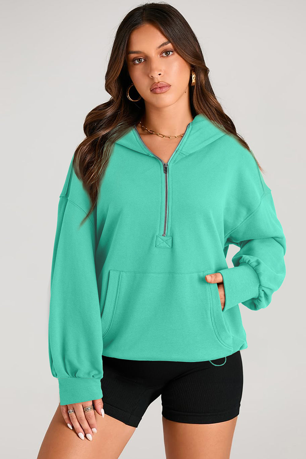 Parchment Solid Kangaroo Pocket Half Zipper Oversized Hoodie