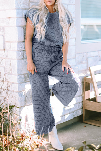 Real Teal Quilted Short Sleeve Wide Leg Pants Set