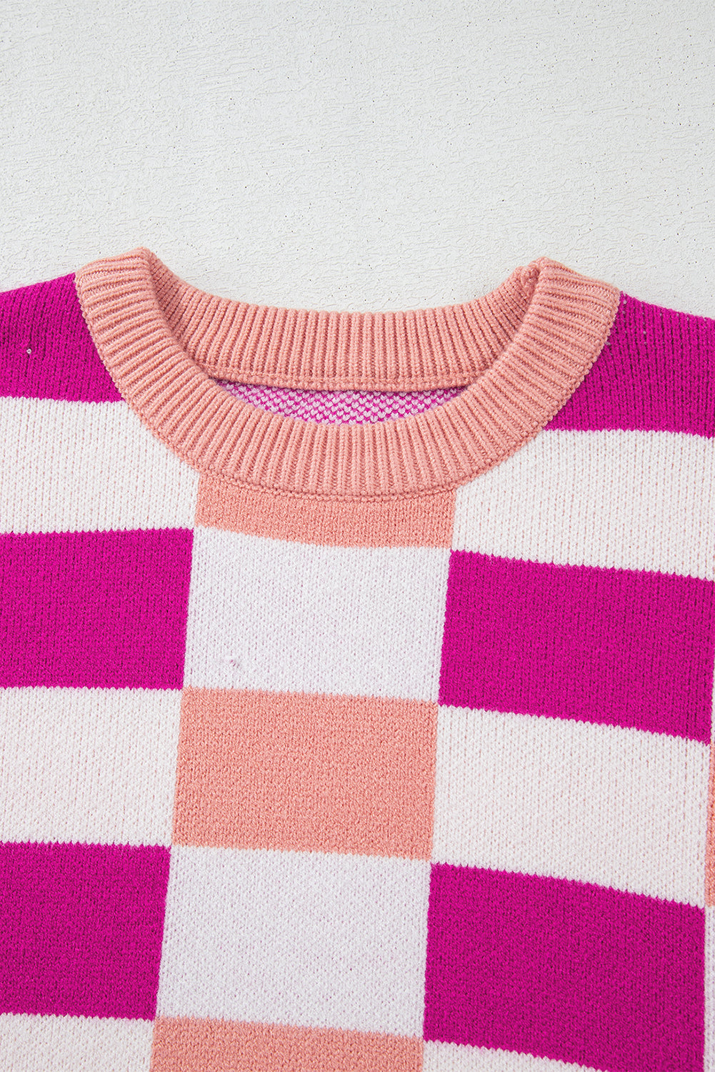 Khaki Checkered Ribbed Edge O Neck Drop Shoulder Sweater