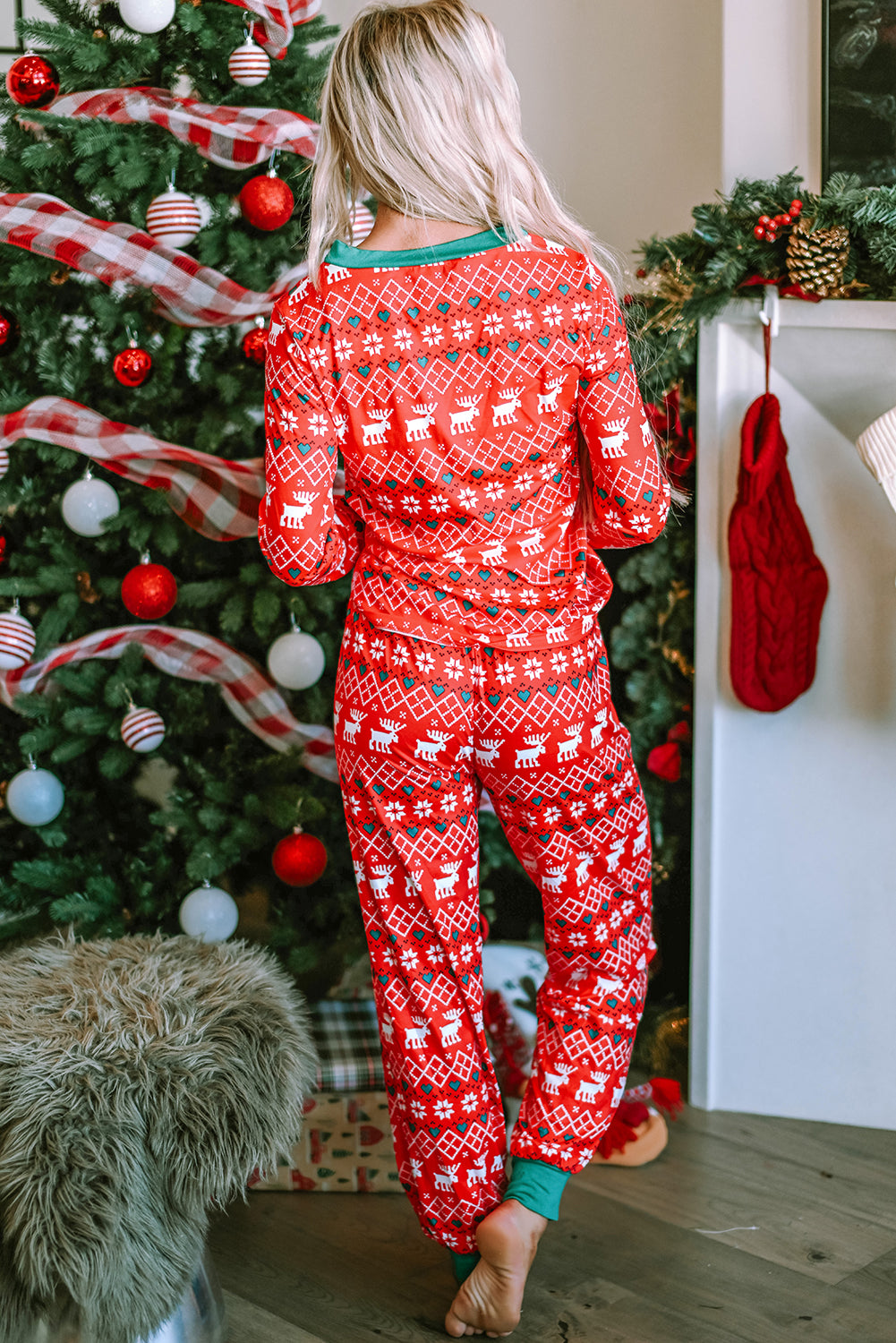Fiery Red Christmas Print Henley Top Pajama Set