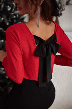 Black Metallic Bowknot Open Back V Neck Top