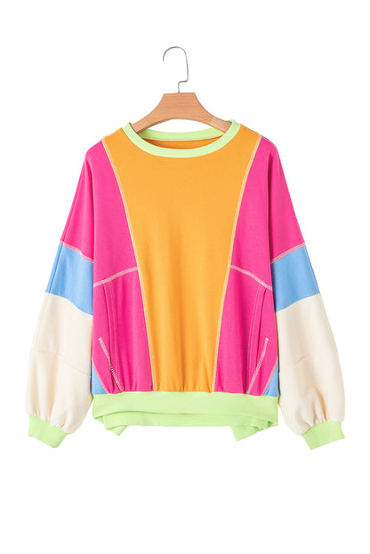Grapefruit Orange Colorblock Patchwork Exposed Stitching Oversize Top