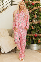Pink Christmas Candy Cane Print Lapel Collar Shirt and Pants Two Piece Pajamas Set