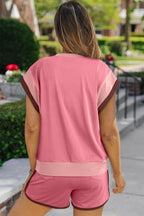 Rose Red Contrast Trim Cap Sleeve Tee Shorts Set