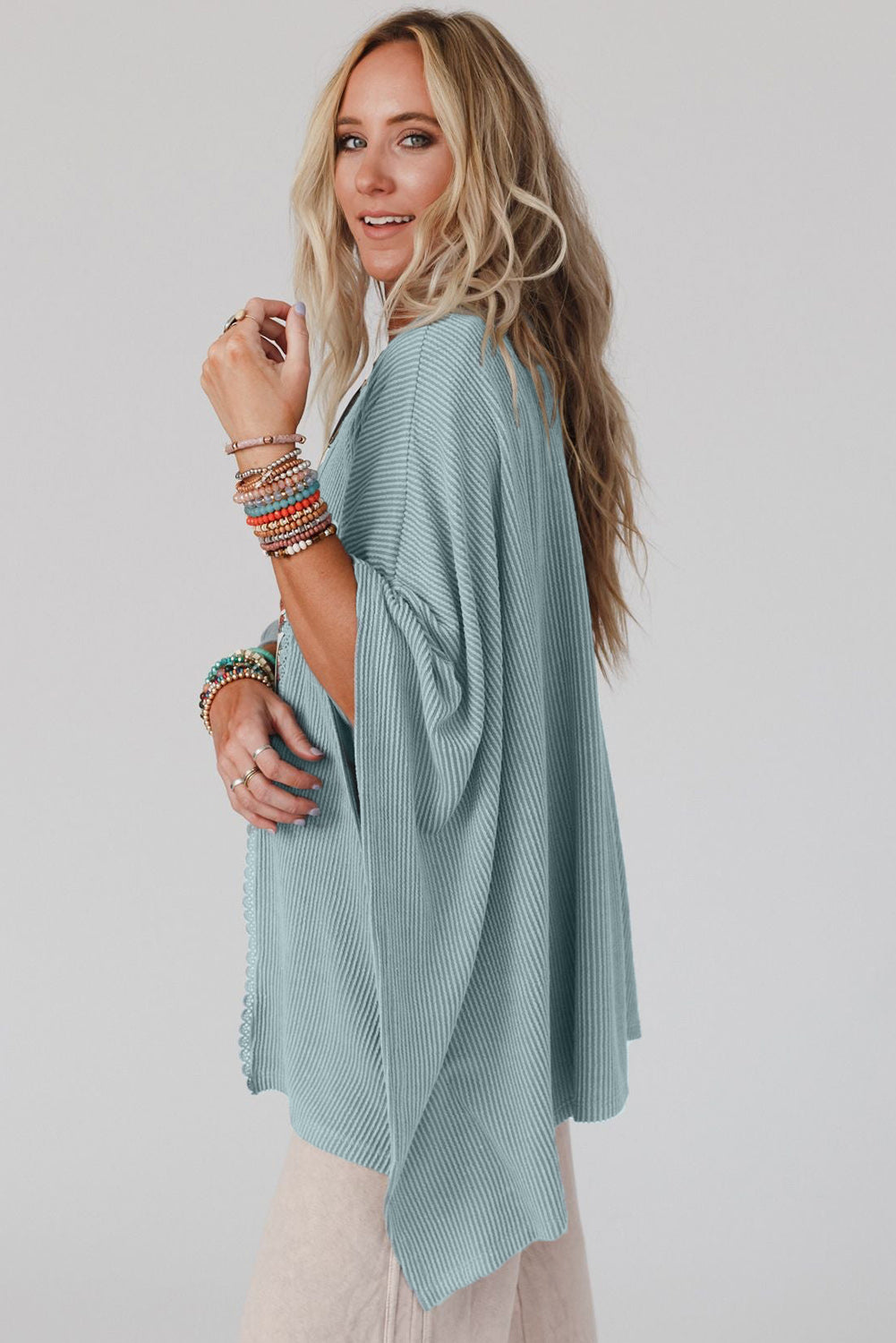Apricot Lace Trim Ribbed Oversize Kimono