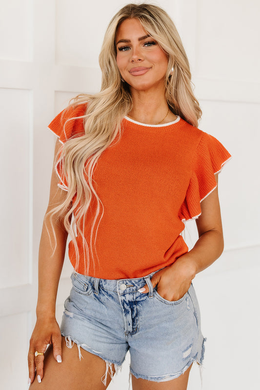 Russet Orange Contrast Trim Ruffle Sleeve Knitted Top