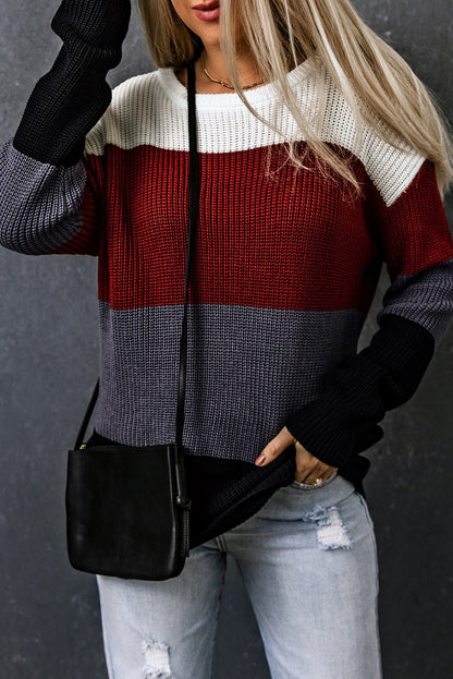 Color Block Knitted O-neck Pullover Sweater
