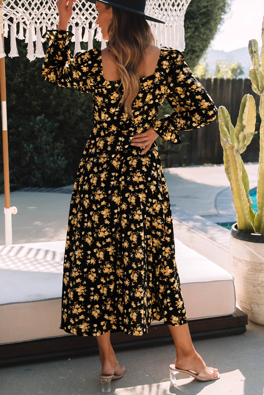 Black Floral Tie Square Neck Puff Sleeve Slit Dress