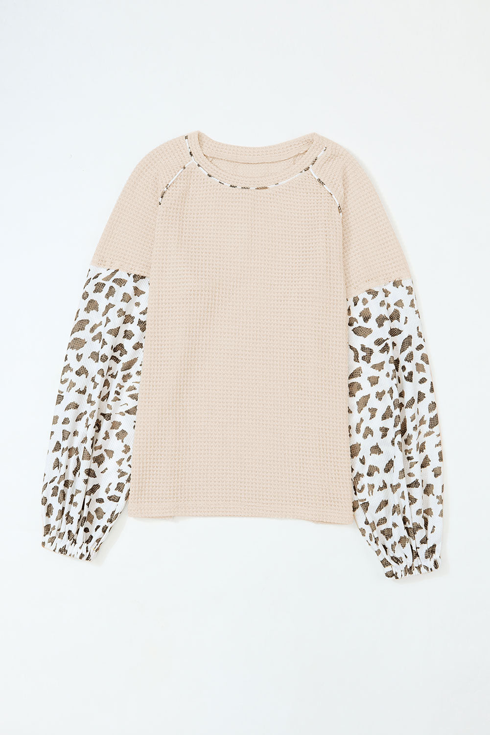 Apricot Leopard Print Patchwork Lantern Sleeve Waffle Knit Top