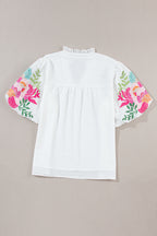 White Floral Embroidered Puff Sleeve Notched Neck Blouse