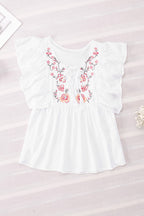 White Floral Embroidered Ruffled Lace-up V Neck Top