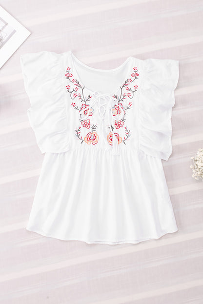 White Floral Embroidered Ruffled Lace-up V Neck Top