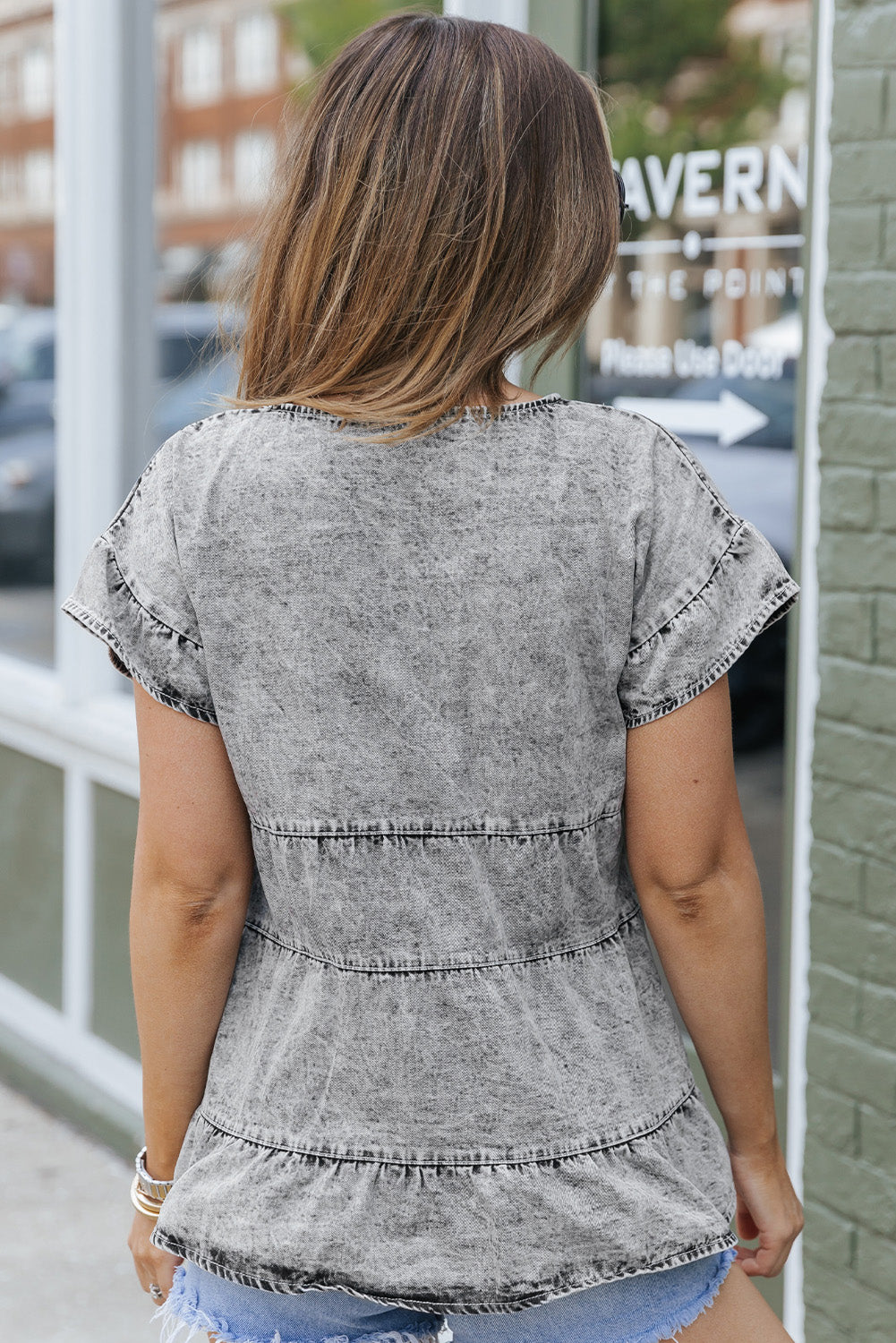 Flutter Sleeves Tiered Denim Top