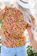 Yellow Floral Print Flutter Sleeve V Neck Tank Top